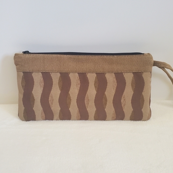 𝅺1154 Lill Studio Wristlet Clutch Bag Tan Brown Gold Swirl Design - Picture 2 of 9